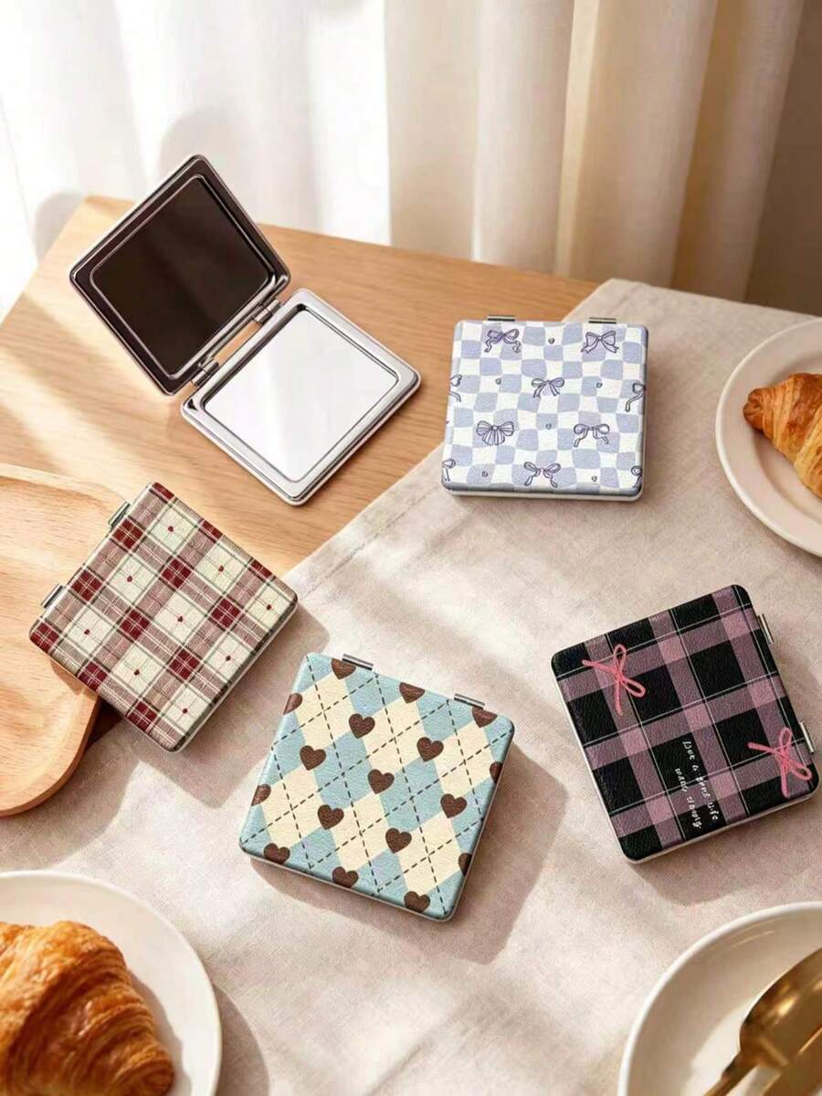 1PC Y2K Series Portable Vanity Mirror, Foldable Lightweight Ultra-Thin Convenient Hand Mirror, Durable PU Leather, Suitable For Multiple Scenarios And All People, Foldable Small Square Mirror, Pocket Mirror, Cartoon Bow Cherry Heart Plaid Pattern Design, Exquisite Delicate Foldable Structure, Durable Reliable Drop-Resistant, Easy To Carry, Handheld Makeup Mirror, 180° Flip Cover, Multi-Function Mini Mirror, Compact Mirror, Mirrors - Multicolor - View 1