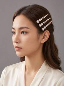 3件組優雅閃亮心形鋯石髮夾，金色合金百搭髮夾，女款甜美心形鋯石側夾，簡約亮面金屬彈夾，日常派對百搭髮飾 - 金色 - 查看 7