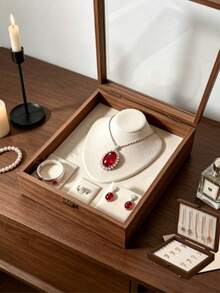 1pc Walnut Wood Grain Flip Lid Glass Jewelry Display Box, Velvet Lining Dust-Proof Jewelry Storage Box, Necklace Bracelet Ring Set Display Box, Gift Jewelry Box - Multicolor - View 4