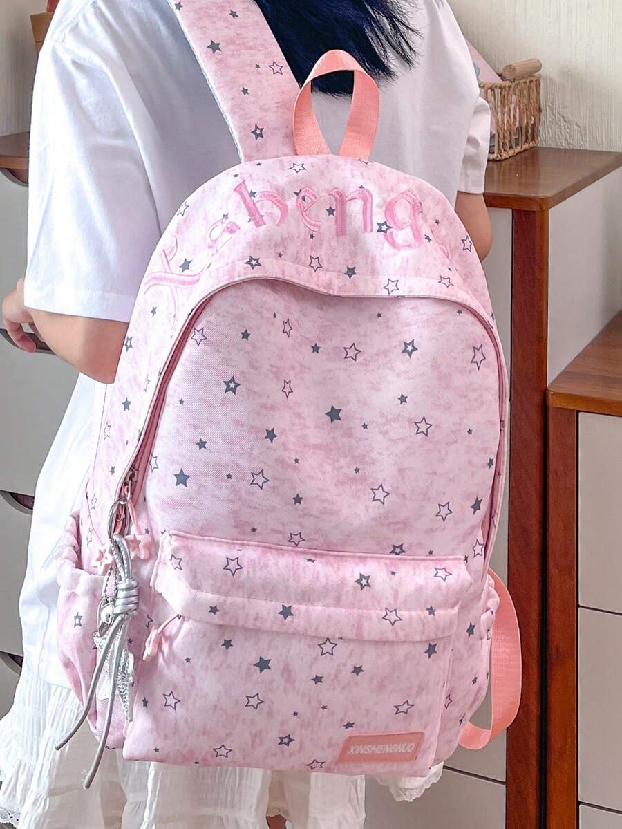 Cartoon Star Print Backpack, Girls' College Style School Bag For Elementary, Middle And High School Students, Large Capacity Multi-Pocket Casual Backpack For Daily Commute, School, Travel, Shopping, Outdoor Outings, Sweet And Cute Gift Bag