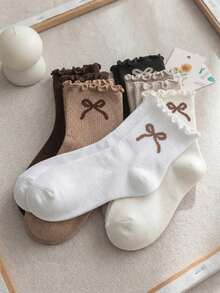 12/6 Pairs Kids Random Heart & Bow Solid Color Mid-Calf Socks In Maillard Color Palette - Multicolor - View 3