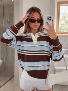 Fancy Everywear Women's Half-Button Front Top, Autumn/Winter New Arrival, Elegant Versatile Striped Style, Fashion Casual, Suitable For Outings - Multicolor - View 5