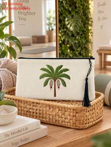 Tas Kosmetik Kanvas Beige dengan Resleting, Dicetak dengan Motif Pohon Kelapa, Dilengkapi Rumbai, Dapat Digunakan Sebagai Tas Perlengkapan Mandi, Tas Penyimpanan Perjalanan, Tas Alat Tulis - MultiWarna - View 5