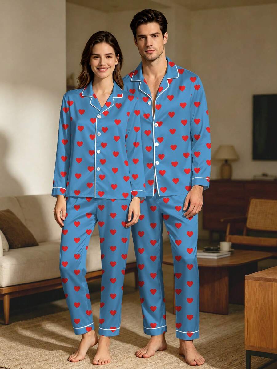 2pcs Men's Pajama Set, Satin Silk Heart Print Button Long Sleeve Top And Pants Loungewear Set, Autumn/Winter Clothing, Perfect Gift - Multicolor - View 1
