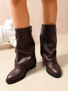 Light Luxury Soft Leather Ruched Stacked Boots With Metal Buckle Decor, Slouchy Ankle Boots, Slimming Wide Shaft Versatile Premium Women's Boots - Brown - View 4