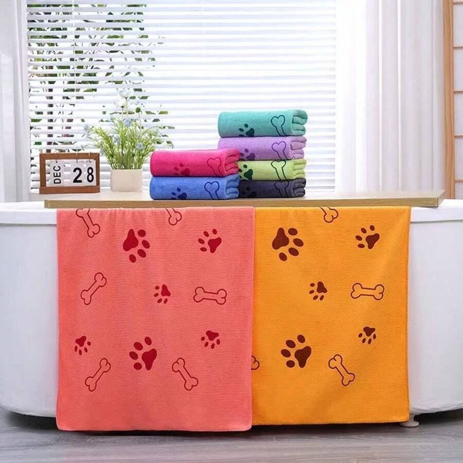 1件裝柔軟吸水寵物毛巾,19.68" X 39.37",適合中型犬,快乾寵物美容用品,腳印圖案,四季通用寵物洗澡擦乾布 - 彩色 - 查看 1