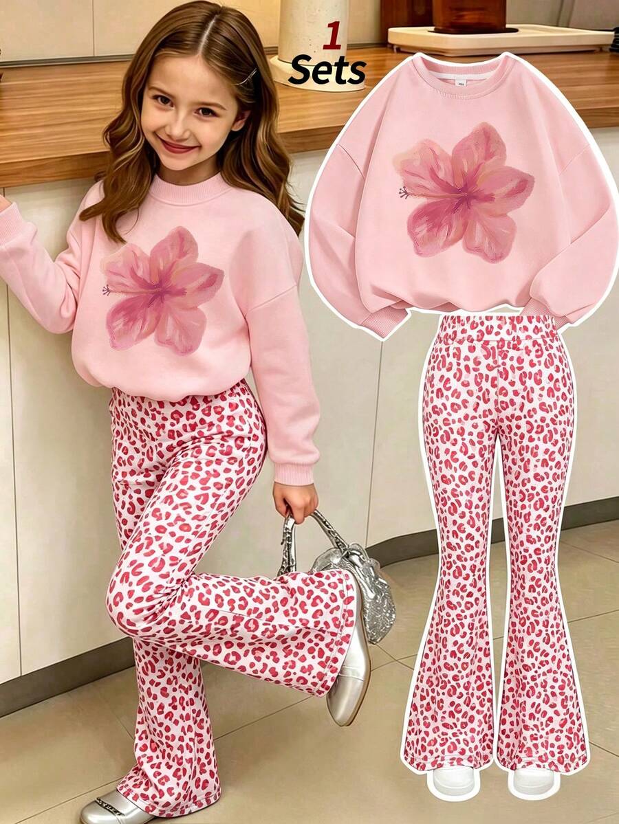 Bộ 2 món áo nỉ cổ tròn họa tiết hoa và quần ống loe họa tiết da báo cho bé gái, thời trang dễ thương, phù hợp mùa thu/đông - Nhiều màu - Xem 1