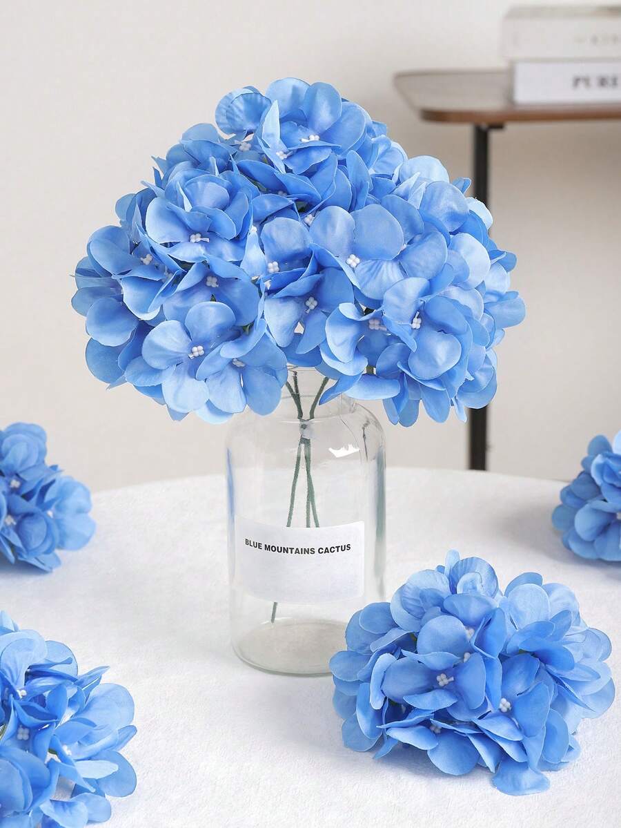 6/12pcs Multicolor Artificial Hydrangea Flowers With Stems, Polyester Fake Flower Heads, Suitable For Home Decor, Wedding Venue Decoration, Birthday Party, Bedroom, Living Room, Creative Display - Blue - View 1