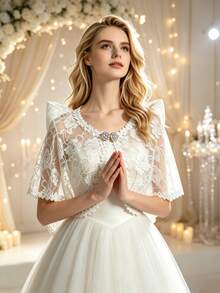 White Floral Lace Short Cape For Women, Rhinestone Buckle Open Front Mesh Cloak, Bridal Wedding Dress Outerwear Accessory For Bride And Banquet - White - View 4