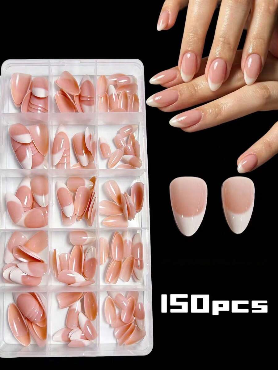 150片/盒 秋冬短杏仁形奶油白漸層法式美甲貼,漸層粉色與奶油白,極簡法式美甲貼設計,短杏仁形假指甲,15種尺寸穿戴式假指甲,秋冬DIY美甲設計 - 彩色 - 查看 1