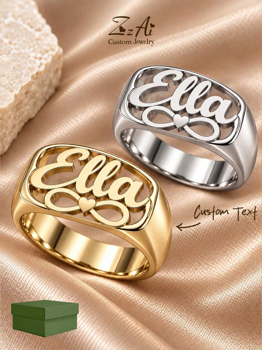 [ZzAi Custom]客製化不鏽鋼極簡英文姓名戒指，情人節、萬聖節、聖誕節完美禮物，適合戀人、朋友、媽媽、爸爸 - 款式4 - 查看 1