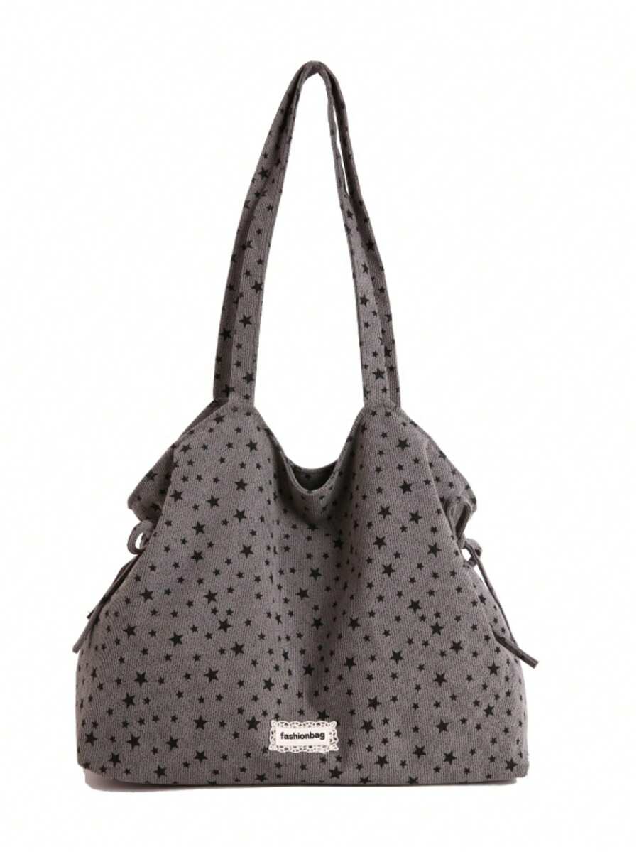 Men's Star Print Drawstring Tote Bag, Large Capacity Corduroy Shoulder Bag, Minimalist Retro Casual Commuter Handbag, Versatile Everyday Large Bag