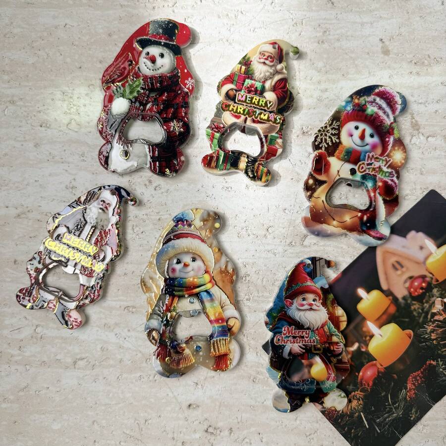 1pc Creative Cute Christmas Atmosphere Pattern Snowman Santa Claus Bell Shaped Dual-Use Bottle Opener Fridge Magnet, Suitable For Home Decor, Refrigerator, Bottle Opening, Christmas Holiday Gift Magnetic Sticker