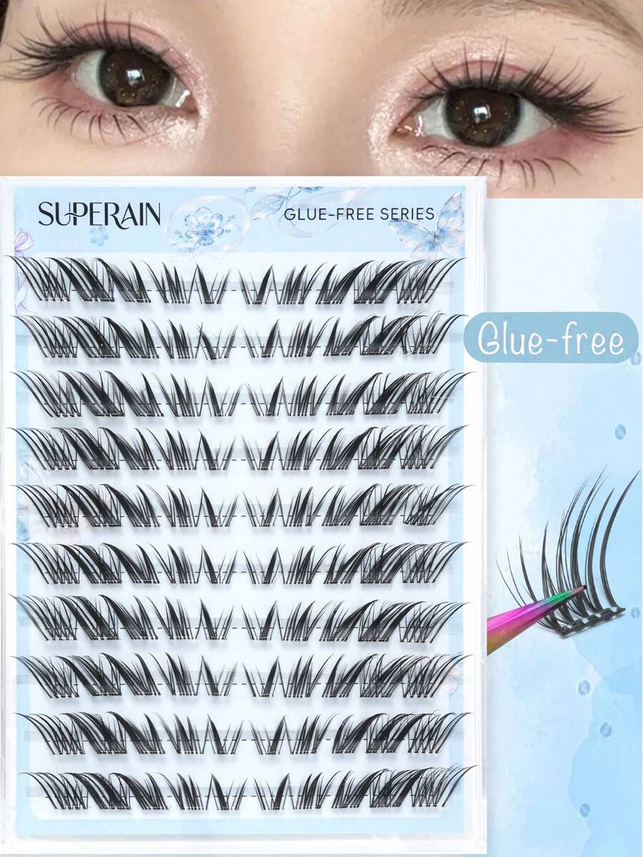 100pcs C-Curl Glue-Free False Eyelashes, Glue-Free Design, Press-In Self-Adhesive Eyelashes, Reusable, Durable, Natural Look, Suitable For All Occasions, False Eyelashes, Glue-Free Eyelashes - C - View 1