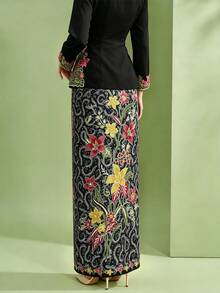 1pc Women's Kebaya Nyonya Printed Elegant Skirt, Spring/Summer - Black - View 3