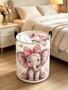 [Cute Elephant Storage Basket]Cute Elephant Laundry Basket, Foldable Round Storage Box With Sturdy Handle | Pink Bow And Butterfly, Soft Macaron Cartoon Design, Durable Storage Bin, Suitable For Game Room, Spring Cleaning, Lightweight, Suitable For Bedroom, Bathroom - Multicolor - View 5