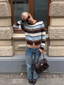 Áo khoác cardigan len dệt kim Sookaug phong cách vintage phối màu khối kẻ sọc, cổ tròn, cúc vàng, dáng ôm slim fit, dáng ngắn, tay dài - Nhiều màu - Xem 1