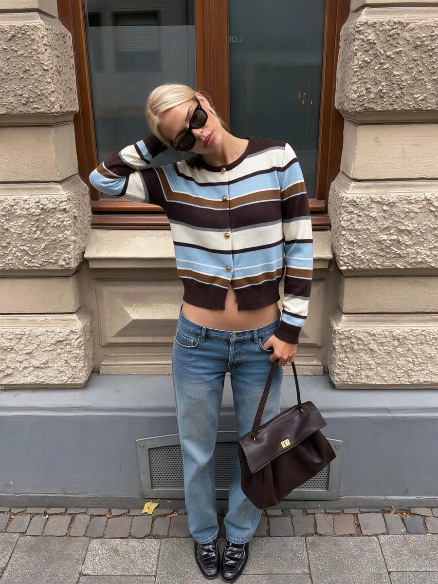Áo khoác cardigan len dệt kim Sookaug phong cách vintage phối màu khối kẻ sọc, cổ tròn, cúc vàng, dáng ôm slim fit, dáng ngắn, tay dài - Nhiều màu - Xem 1