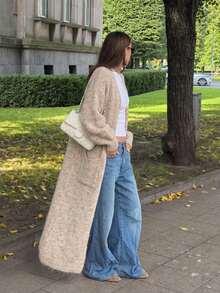 New Lazy Fluffy Soft Dropped Shoulder Lantern Long Sleeve Ribbed Cuff Double Side Pocket Design Knitted Wool Cardigan, French Gentle Casual Style, Daily Minimalist Commute Basic Outfit - Khaki - View 2