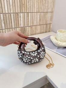 Dedoo 女士晚宴包 圓形手柄手提包 花卉水鑽圖案 金屬水鑽材質 鏈條肩帶 手提斜跨兩用 奢華亮面 派對約會女包 - 咖啡 - 查看 4