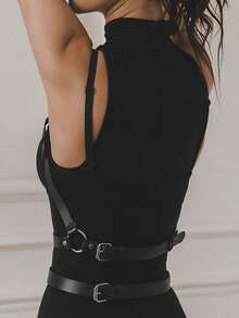 1pc Women's Black Leather Adjustable Bust Garter Belt, Suitable For Daily Outfit Matching And Body Decoration - Black - View 4