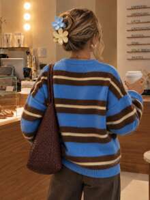 Women's Striped Crew Neck Knit Sweater, Loose Fit Pullover For Autumn/Winter, Suitable For Daily Commute And Street Casual Wear - Multicolor - View 3