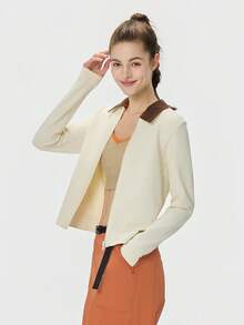 Leorrey 1 buah Jaket Olahraga Lengan Panjang Wanita dengan Kerah Warna Kontras, Resleting Ganda, Patchwork Bergaris, dan Bagian Pinggang yang Mengencangkan - Aprikot - View 5