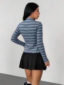 VENORA Striped Mock Neck Button Front Long Sleeve Knit Top, Slim Fit Fall Casual Cardigan Tee,Business,Basic,Sexy,Y2k,Ins,Halloween,Fall/Winter - Grey - View 3