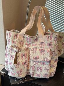 Sweet Bow Print Corduroy Tote Bag, Front Dual Pockets With Drawstring Water Bottle Holder Design, Convenient For Carrying Water Bottle, Phone And Other Personal Items, Large Capacity Interior For Books And Tablets, Fresh Girly Style, Suitable For Students, Commuting, Shopping And Travel, Gentle Versatile Large Capacity Shoulder Bag - Multicolor - View 8