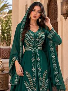 Women's Long Sleeve Elegant Sequin Evening Dress & Headscarf 2 Pieces Set Dress - Green - View 1
