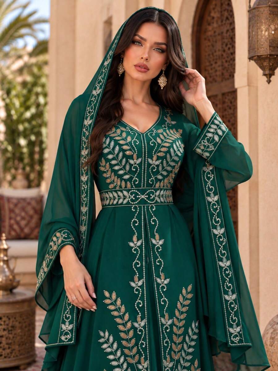 Women's Long Sleeve Elegant Sequin Evening Dress & Headscarf 2 Pieces Set Dress - Green - View 1