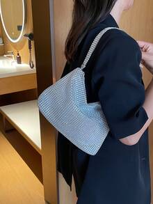 女款晚宴單肩包，滿鑽格紋閃亮水鑽網布，拉鍊開合與可調節式肩帶，大容量，華麗風格，適合派對、婚禮、舞會 - 銀色 - 查看 5