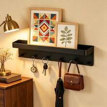 1pc Wall-Mounted Key Rack, Strong Adhesive Key Holder With 6 Hooks, Kitchen Storage Rack, Bathroom Organizer, Multifunctional Space Saving Wall Hanger For Keys, Clothes, Umbrella, Hallway Entryway Decor, Easy Install (Black, White) - Multicolor - View 4