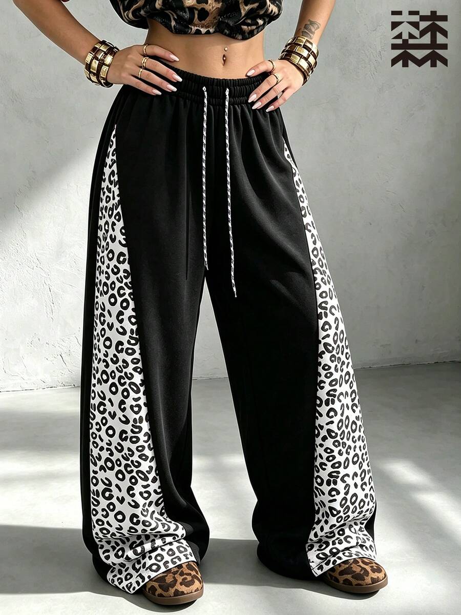 mulinsen Women's Straight Leg Joggers, Elastic Drawstring Waist, Pink Leopard Print Side Stripe Casual Sweatpants - White - View 1