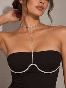 XYHEALER 1pc Silver Rhinestone Body Chain For Women, Crystal Chest Chain Necklace, Sparkly Choker Body Jewelry For Party, Club, Festival Outfit - Multicolor - View 1