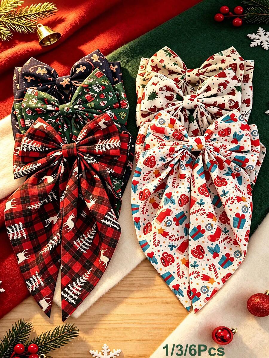 1/3/6pcs Girls Children Christmas Big Bow Long Tail Hair Clips, New ...