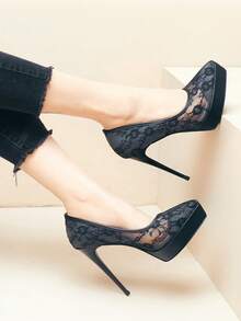 1 Pair Solid Color Sexy Fabric Lace Patchwork Waterproof Platform High Heel Stiletto Pointed Toe Pumps For Outdoor Spring Autumn - Black - View 3