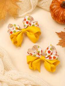 2pcs Orange Thanksgiving Day Hair Clips,Maple Leaf & Nuts Print Bow Hair Clips,Cute Hair Accessories For Girls Gifts Fall Winter Party Daily - Multicolor - View 6