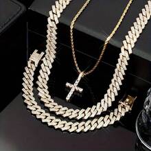 3pcs/Set, Unisex, Cross Pendant Necklace And Bracelet Set, Cuban Link Bracelet, Customizable Cuban Link Bracelet, Miami Cuban Link Bracelet With Cubic Zirconia - Gold - View 10