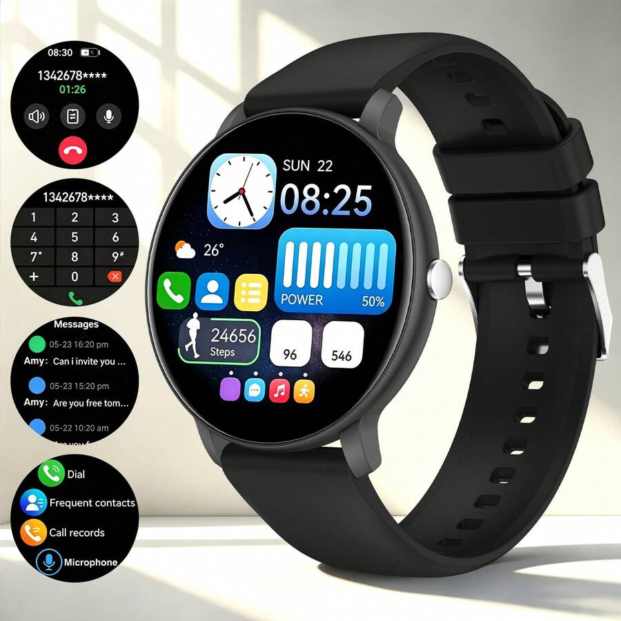 HD Round Screen Smart Watch With Strap, Fashion Digital Watch, Supports Call And Music Control, Unisex Sports Watch, Suitable As A Gift - Black - View 1
