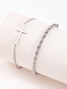 2pcs Minimalist Silver Color Stainless Steel Cross & Twisted Chain Bracelet Set For Men Daily Party Stackable Jewelry Gift - Multicolor - View 1