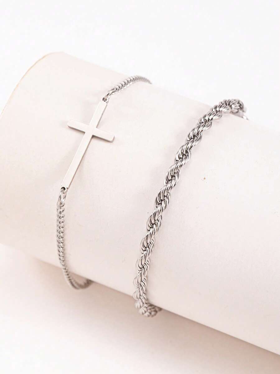 2pcs Minimalist Silver Color Stainless Steel Cross & Twisted Chain Bracelet Set For Men Daily Party Stackable Jewelry Gift - Multicolor - View 1