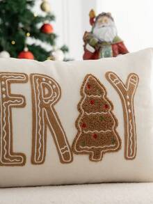 1pc Christmas MERRY Embroidered Pillow Case, Christmas Tree Pillow Cover, Suitable For Indoor Decoration, Christmas Decoration, All Season Pillow Case, Without Insert - Multicolor - View 5