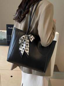 Women Solid Large Capacity Tote Bag, Houndstooth Bow Decor Shoulder Handbag, Casual Commuter Top Handle Bag - Black - View 5