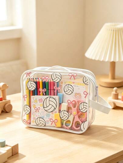 1 Stück weiße transparente PVC Kinder Haarzubehör Aufbewahrungstasche, süßes Cartoon-Design mit rosa Schleife & Volleyballmuster, Babysachen, Raumessentials