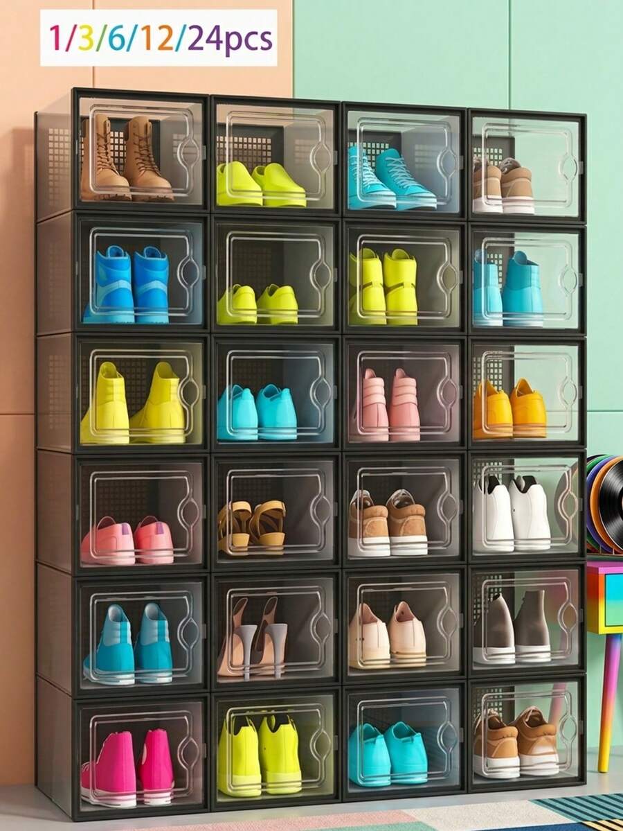 24/12/6/3/1pc Large Shoe Boxes, Back To School, Stackable Modular Shoe Boxes, Transparent Plastic With Lid Shoe Boxes, Shoe Display Boxes, White, Black, Grey - View 1