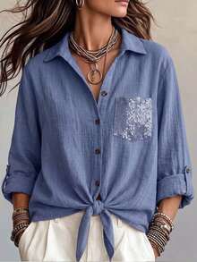 Women Casual Solid Blue V-Neck Sequin Pocket Tie Front Long Sleeve Button Up Shirt, Daily Fall Halloween - Blue - View 2