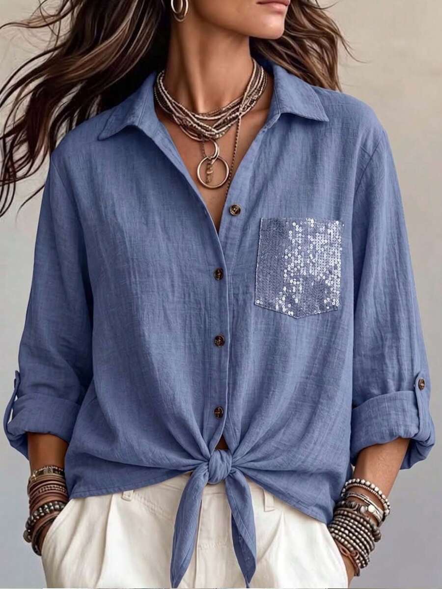 Women Casual Solid Blue V-Neck Sequin Pocket Tie Front Long Sleeve Button Up Shirt, Daily Fall Halloween