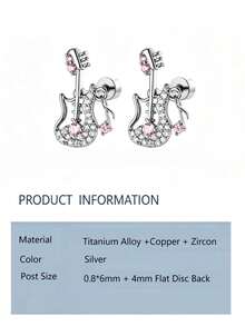 1pc Sweet String Melody Pink Ballad Sweet Cool Rock Style Pink Zirconia Electric Guitar Titanium Alloy Bar Cartilage Piercing Ear Stud - Guitar Stud Earrings - View 4