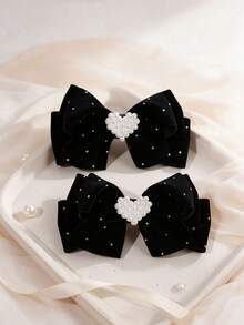2pcs Valentine's Day Velvet Hair Clips, Red Rhinestone Heart Bow Hair Clips, Girly Style Hair Accessories, Suitable For Valentine's Day Party, Exquisite Gift For All Seasons - Black - View 1